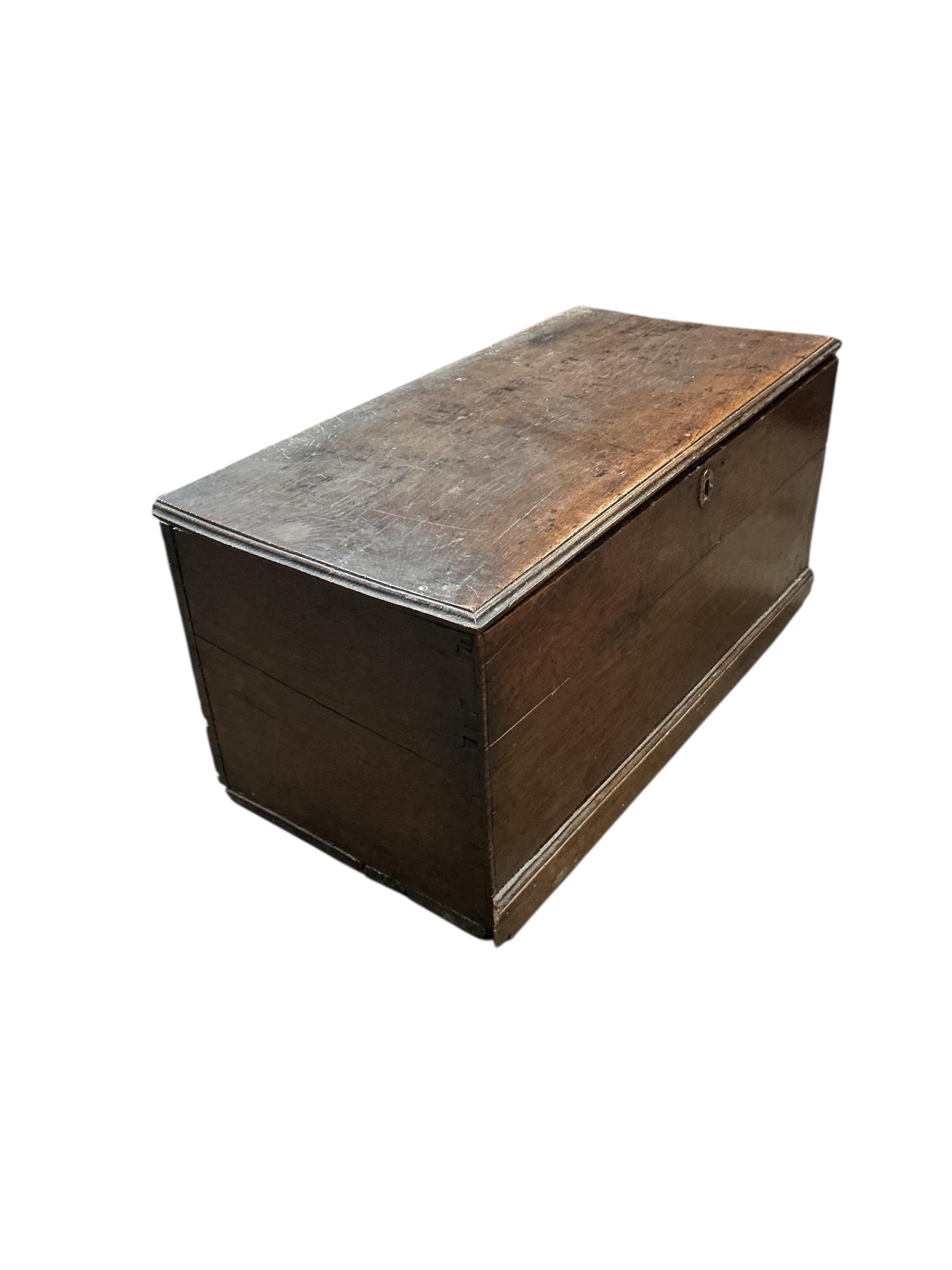 An 18th century oak box, width 69cm, depth 34cm, height 32cm